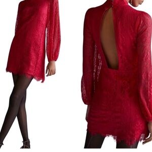 Maeve by Anthropologie Lace Mini Dress Women's Size 14 Red Open Back Lined